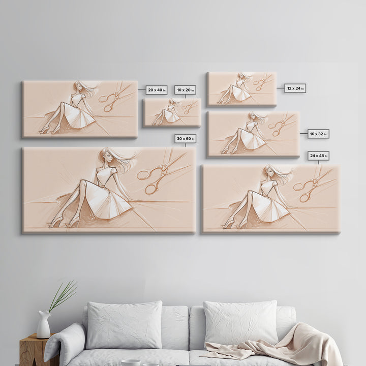 Black and White Line Art Salon Figure Framed Canvas Print, Hair Salon Art, Statement Artwork, Living Room Decor, Oil Painting, HSA-2x1-75