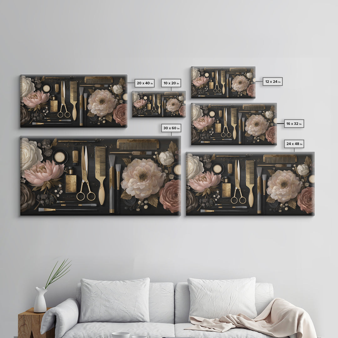 Luxury Black and Gold Beauty Emblem Framed Canvas Print, Hair Salon Art, African American Art, Living Room Decor, Oil Painting, HSA-2x1-92