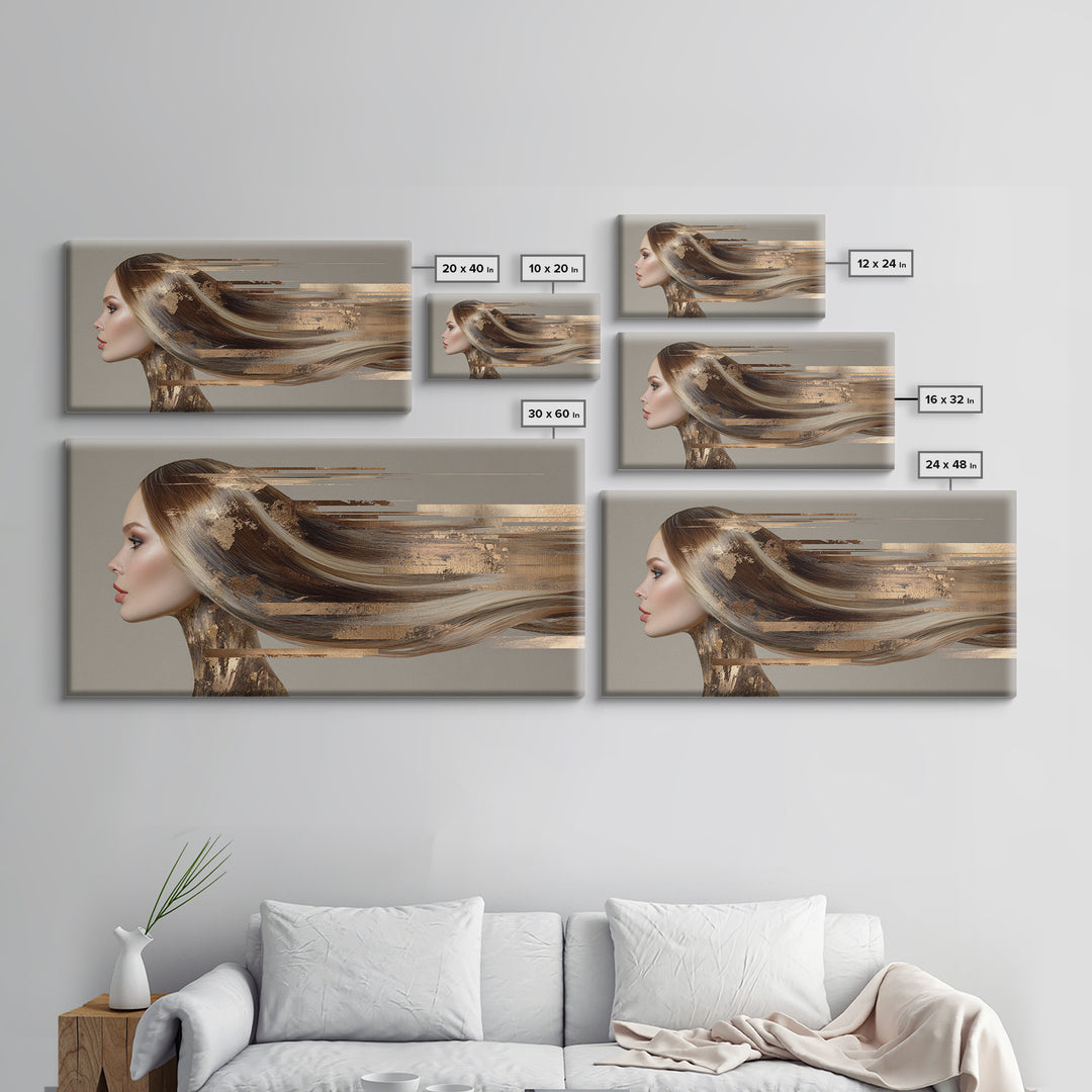 Fashion Portrait with Flowing Glossy Hair Canvas Print, Hair Salon Art, Modern Art, Living Room Decor, Fine Art, Style, HSA-2x1-93