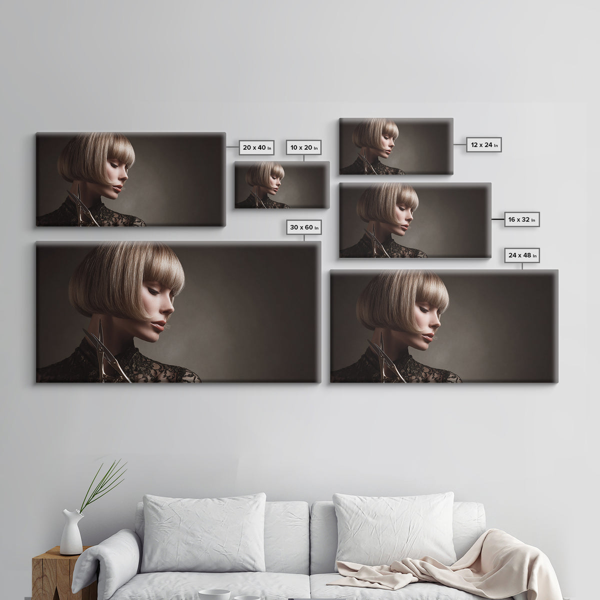 Woman with Dramatic Bob Haircut in Art Framed Canvas Print, Hair Salon Art, Black and White Art, Living Room Decor, Style, HSA-2x1-96