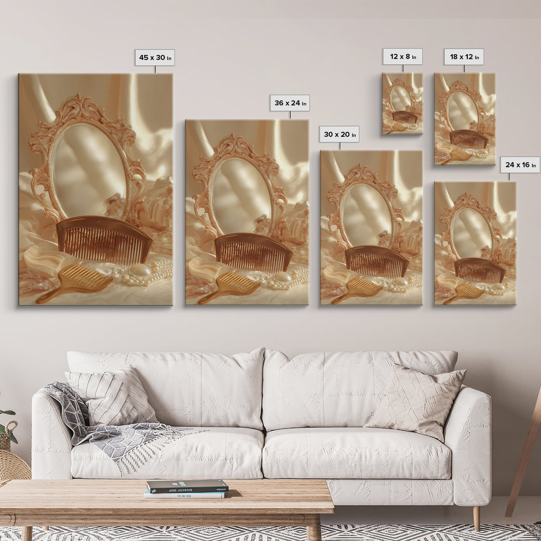 Baroque Mirror and Comb Still Life Framed Canvas Print, Hair Salon Art, Wall Art, Living Room Decor, Fine Art, Style, HSA-2x3-1