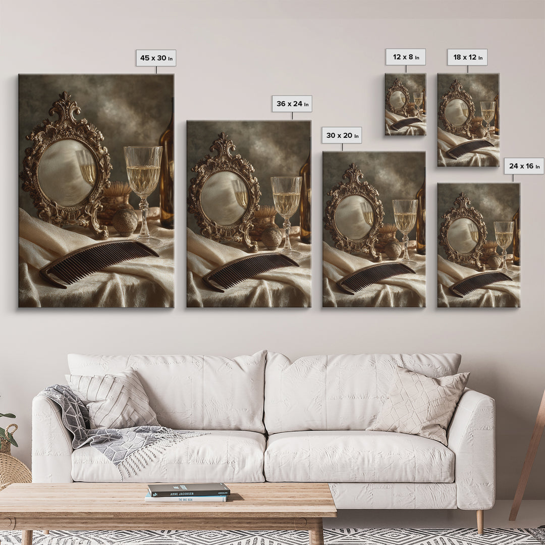 Baroque Mirror and Comb Still Life Framed Canvas Print, Hair Salon Art, Wall Art, Living Room Decor, Fine Art, Style, HSA-2x3-25