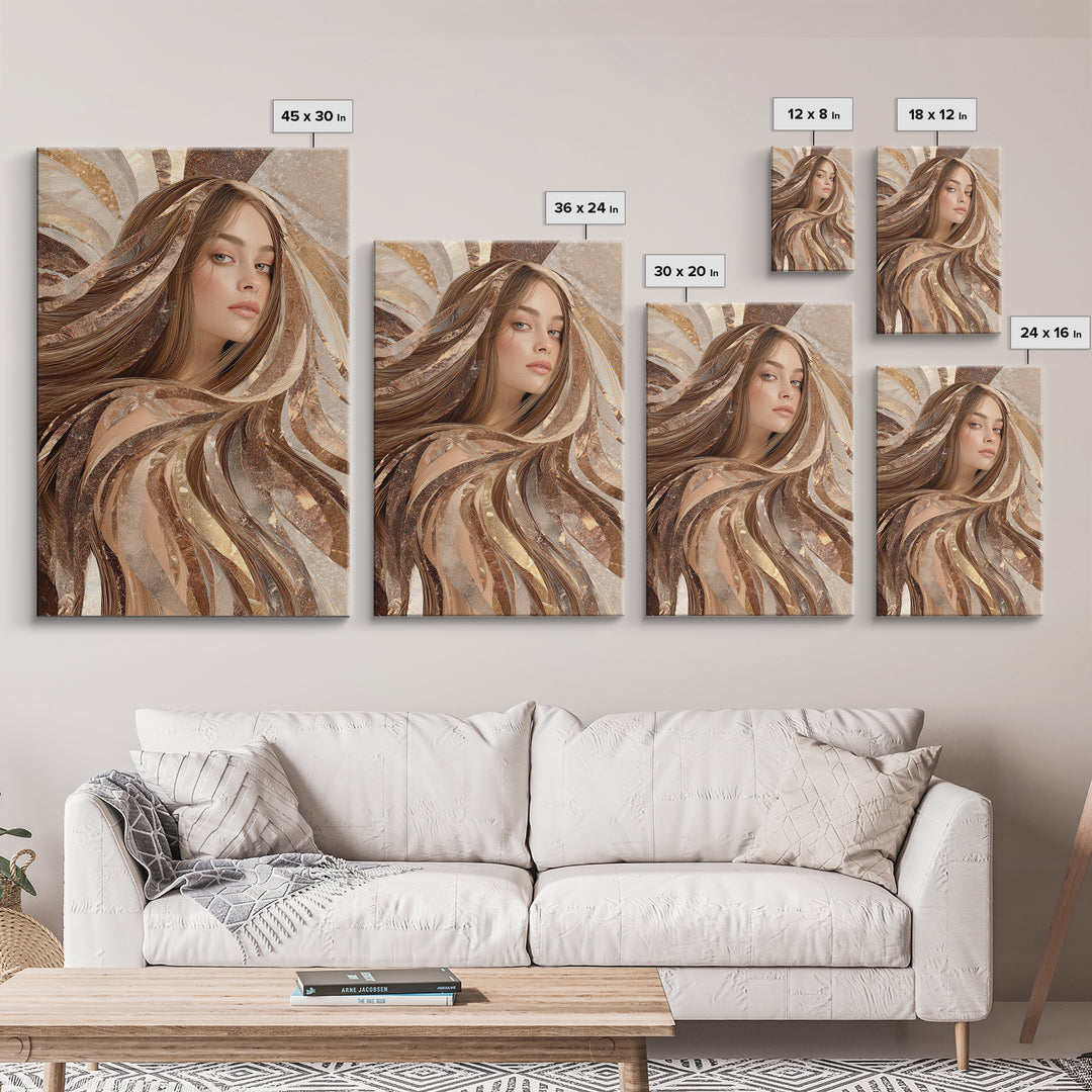 Fashion Portrait with Flowing Glossy Hair Framed Canvas Print, Hair Salon Art, Metal Wall Art, Living Room Decor, Style, HSA-2x3-33
