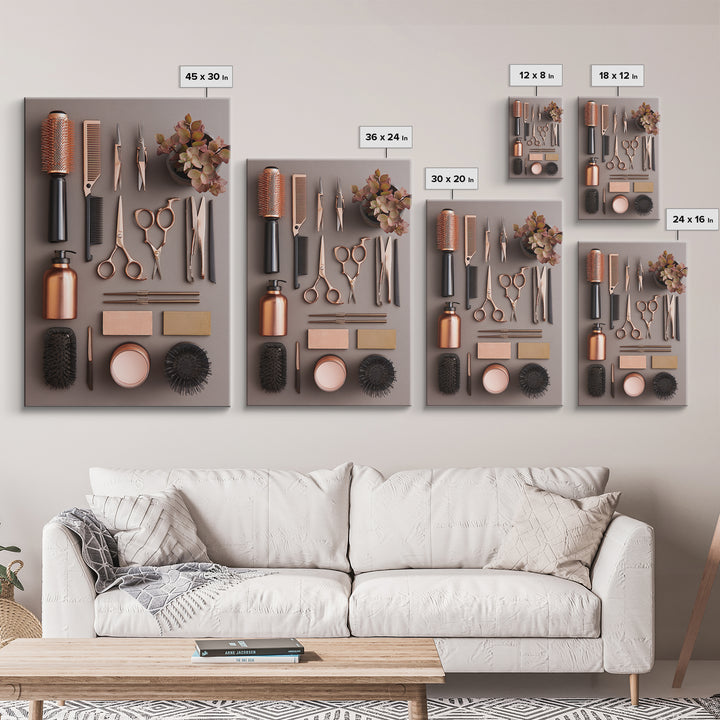 Rose Gold Salon Tool Still Life Framed Canvas Print, Hair Salon Art, Textured Painting, Living Room Decor, Fine Art, Style, HSA-2x3-46