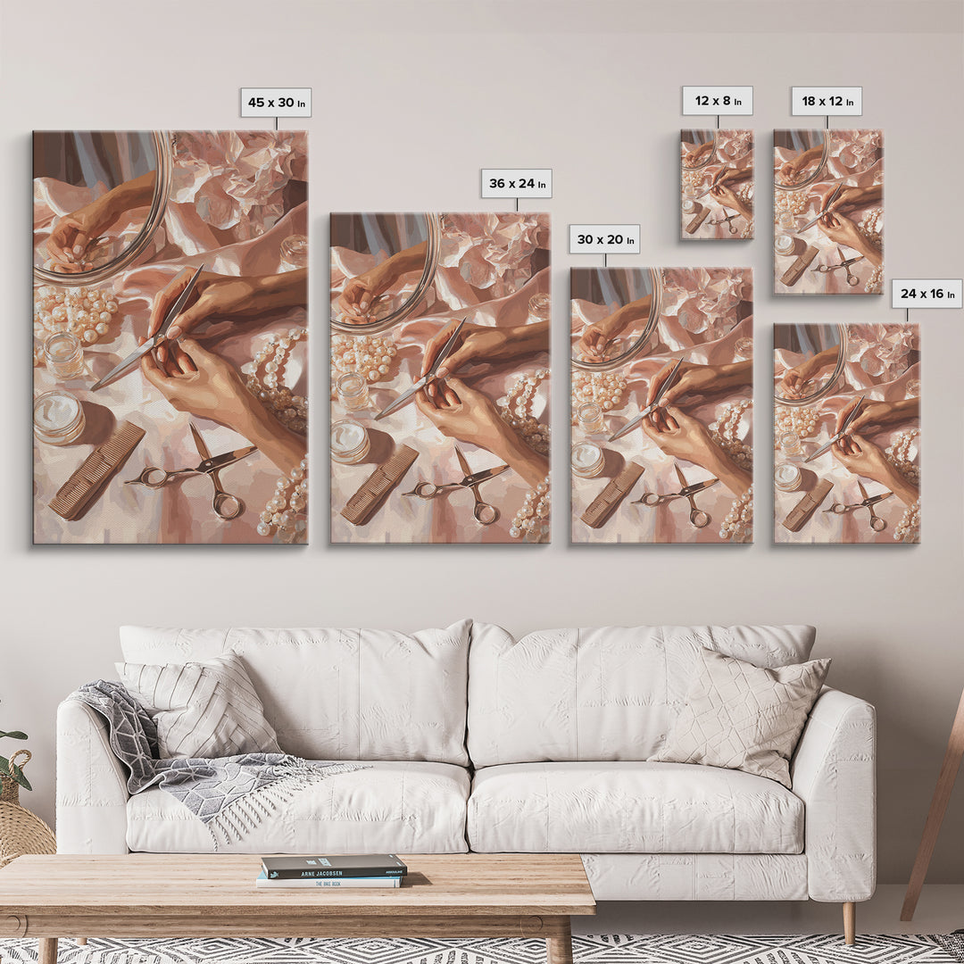 Elegant Hands Styling Hair Canvas Print, Hair Salon Art, Minimalist Decor, Living Room Decor, Fine Art, Style, Black Wall Art, HSA-2x3-54