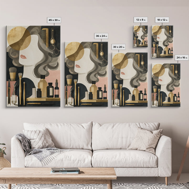 Luxury Black and Gold Beauty Emblem Framed Canvas Print, Hair Salon Art, Living Room Decor, Watercolor Art, Style, HSA-2x3-80