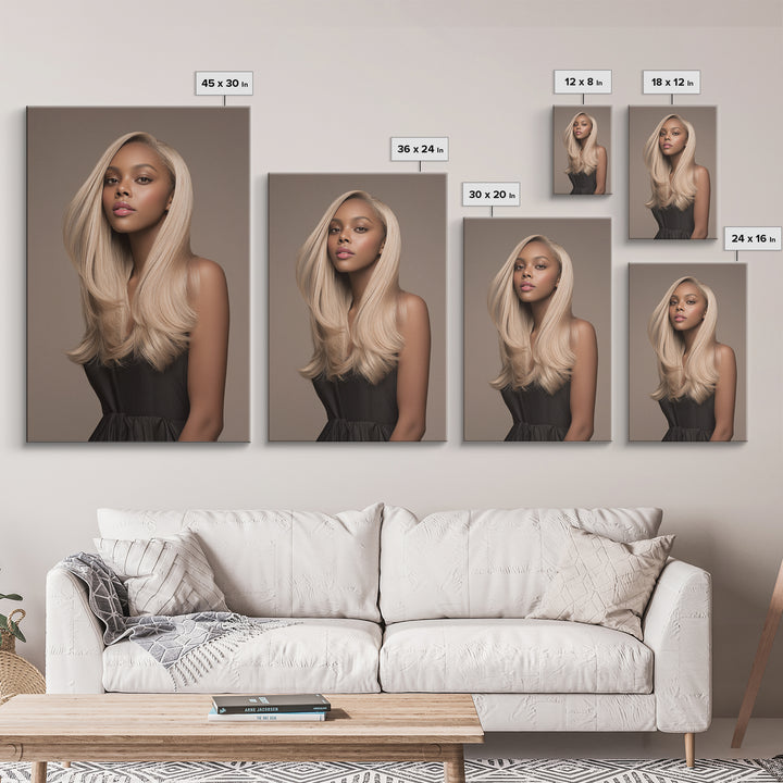 Fashion Portrait with Flowing Glossy Hair Canvas Print, Hair Salon Art, African American Art, Living Room Decor, Style, HSA-2x3-81