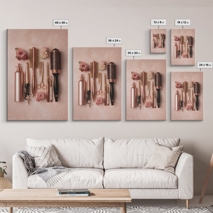 Rose Gold Salon Tool Still Life Framed Canvas Print, Hair Salon Art, Metal Wall Art, Living Room Decor, Fine Art, Style, HSA-2x3-94