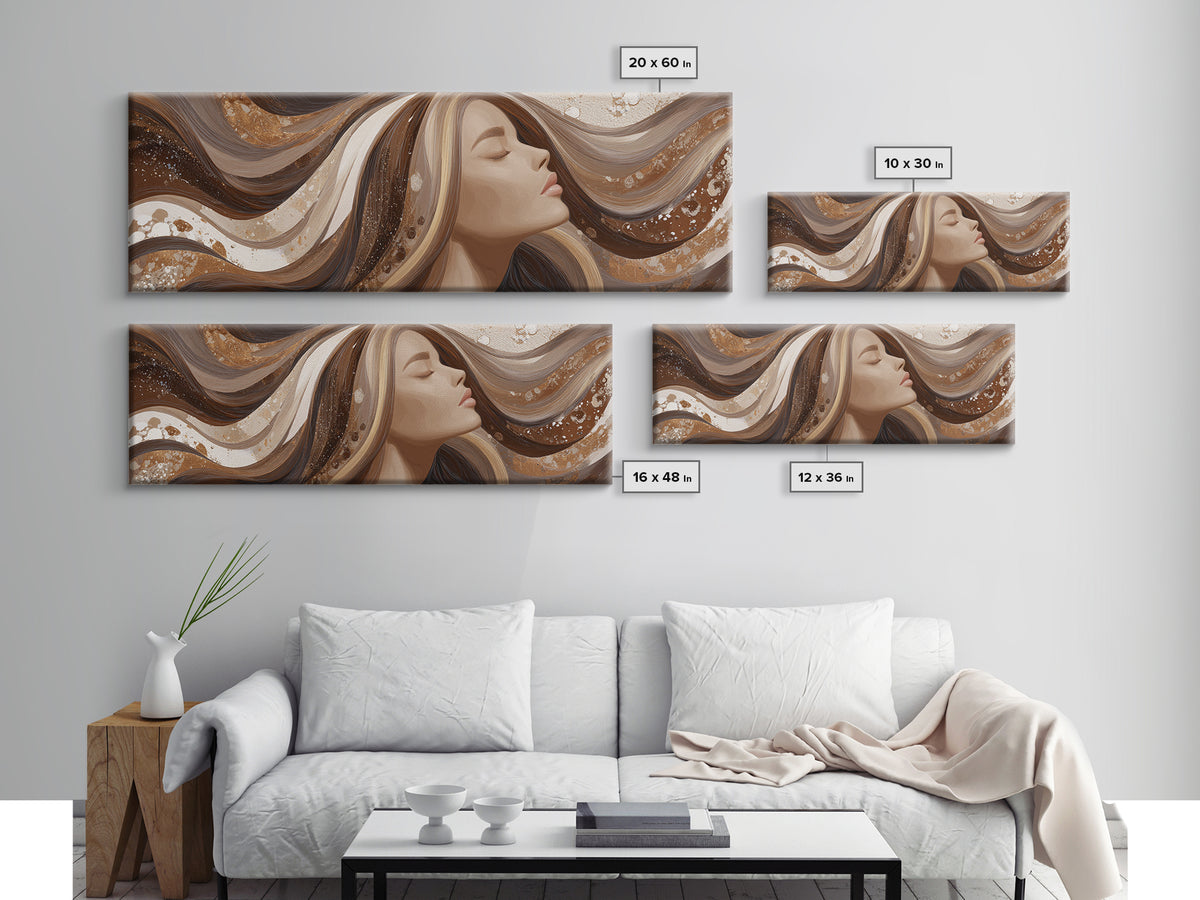 Fashion Portrait with Flowing Glossy Hair Framed Canvas Print, Hair Salon Art, Salon, Living Room Decor, Fine Art, Style, HSA-3x1-89