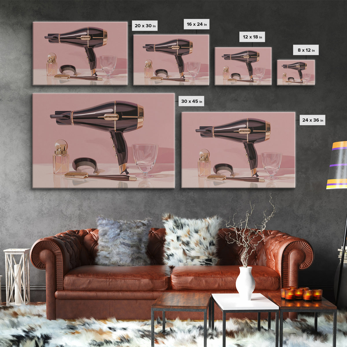 Hairdryer and Brush Framed Canvas Print, Hair Salon Art, African Art, Living Room Decor, Watercolor Art, Style, HSA-3x2-13