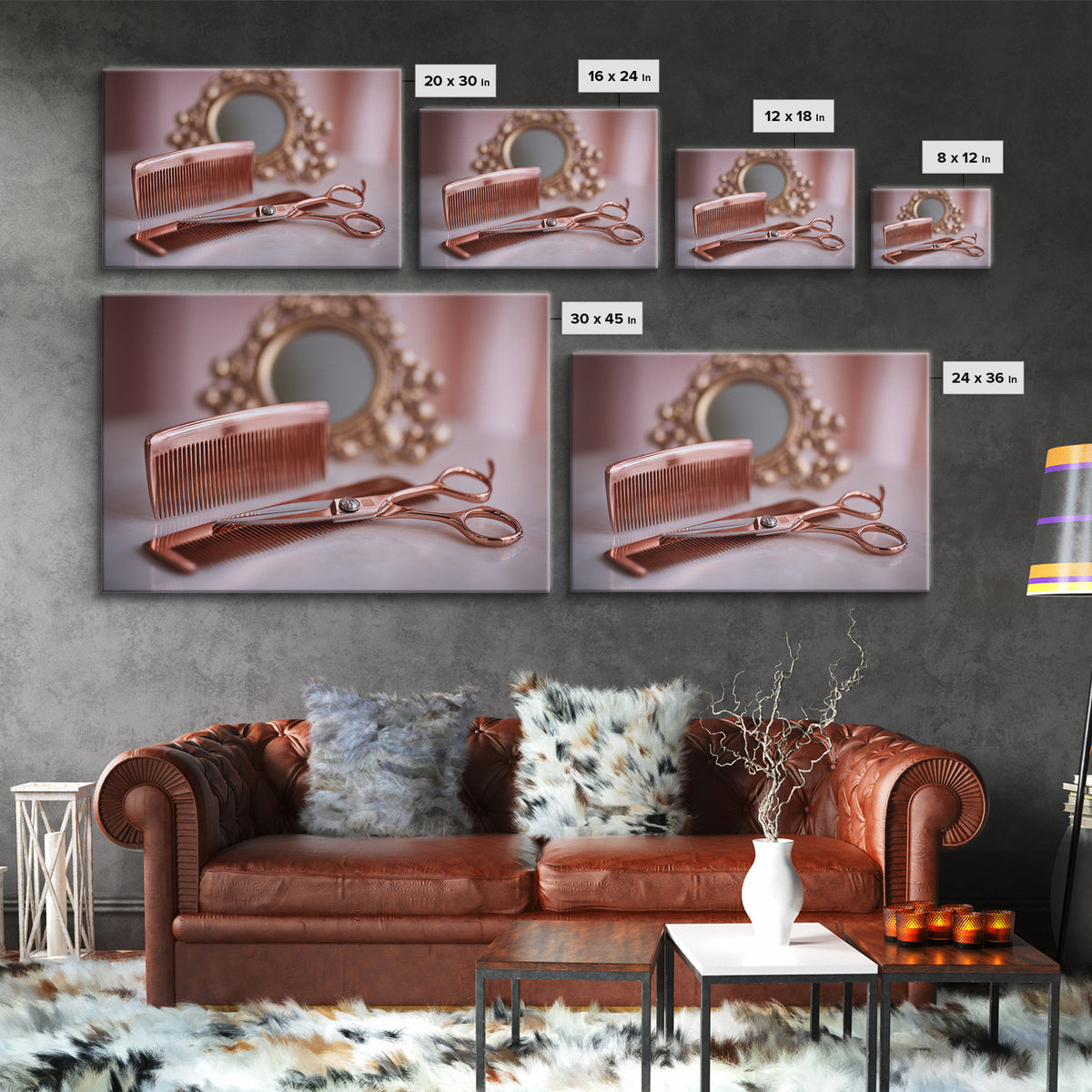 Rose Gold Salon Tool Still Life Framed Canvas Print, Hair Salon Art, Metal Wall Art, Living Room Decor, Fine Art, Style, HSA-3x2-18