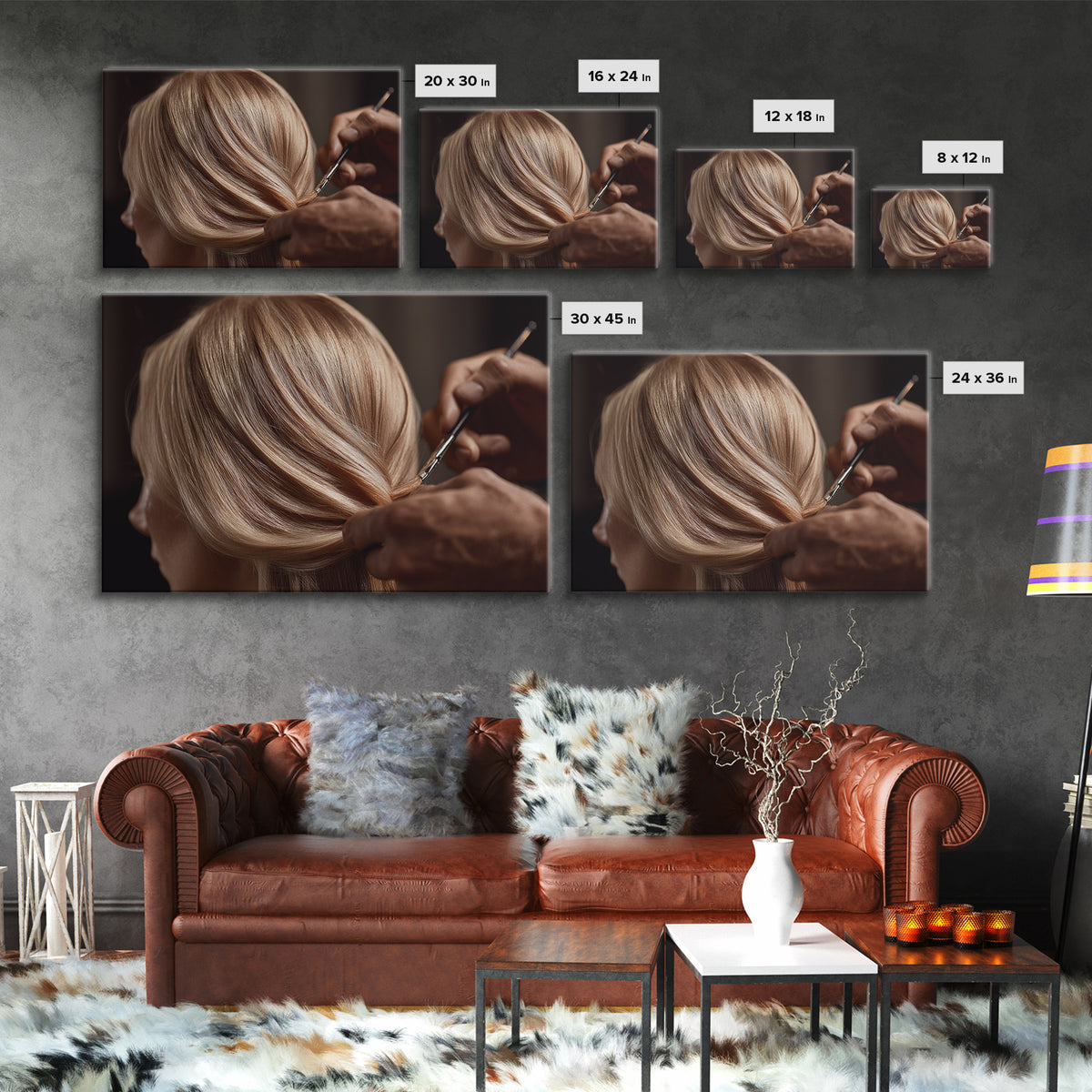 Elegant Hands Styling Hair Framed Canvas Print, Hair Salon Art, Digital Prints, Living Room Decor, Style, Black Woman Art, HSA-3x2-2