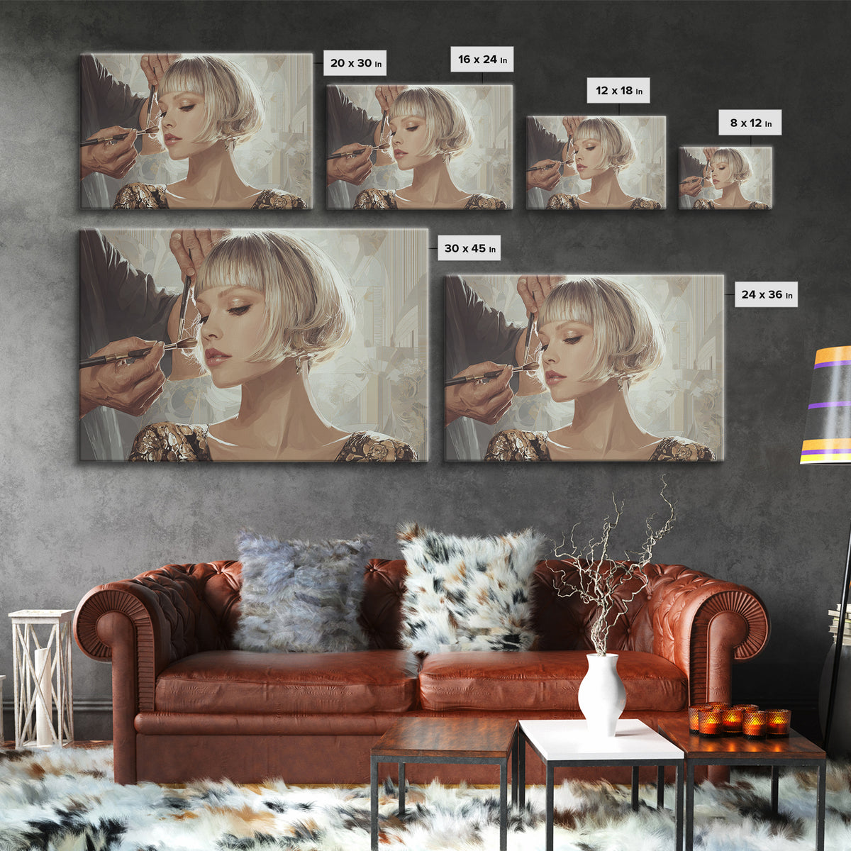 Woman with Dramatic Bob Haircut in Art Canvas Print, Hair Salon Art, Salon, Living Room Decor, Oil Painting, Style, HSA-3x2-56
