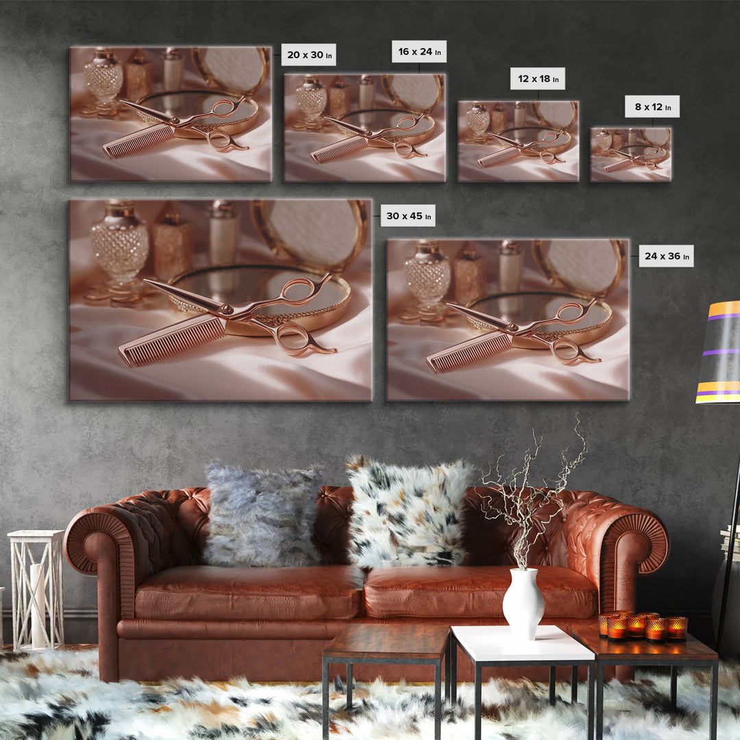 Rose Gold Salon Tool Still Life Canvas Print, Hair Salon Art, African American Art, Living Room Decor, Fine Art, Style, HSA-3x2-66