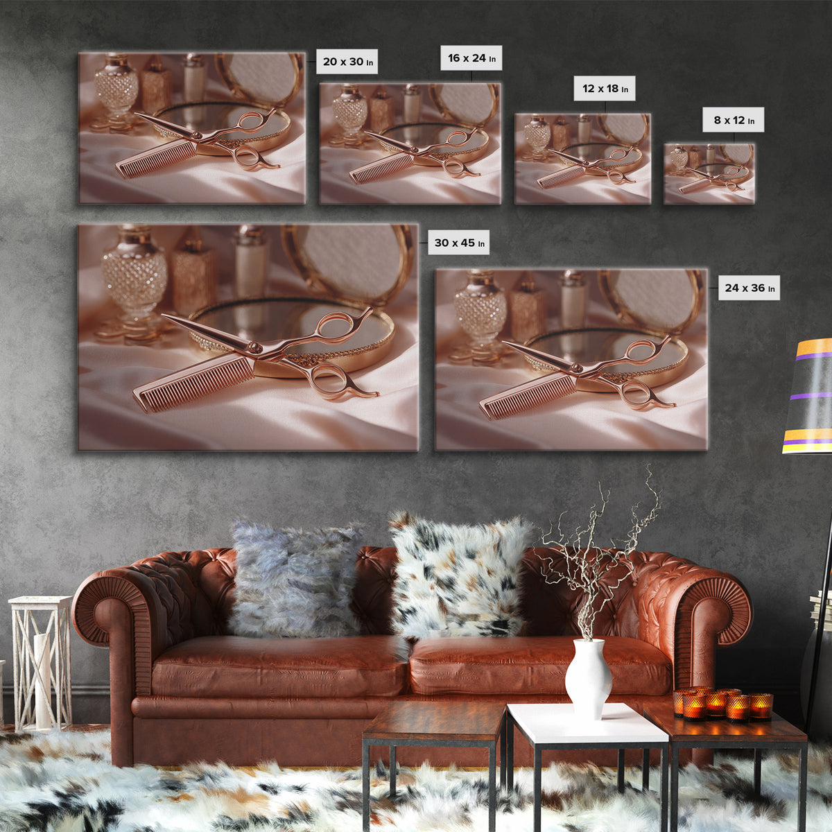 Rose Gold Salon Tool Still Life Canvas Print, Hair Salon Art, African American Art, Living Room Decor, Fine Art, Style, HSA-3x2-66