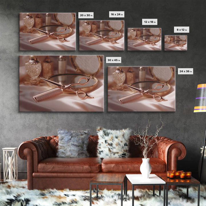 Rose Gold Salon Tool Still Life Canvas Print, Hair Salon Art, African American Art, Living Room Decor, Fine Art, Style, HSA-3x2-66