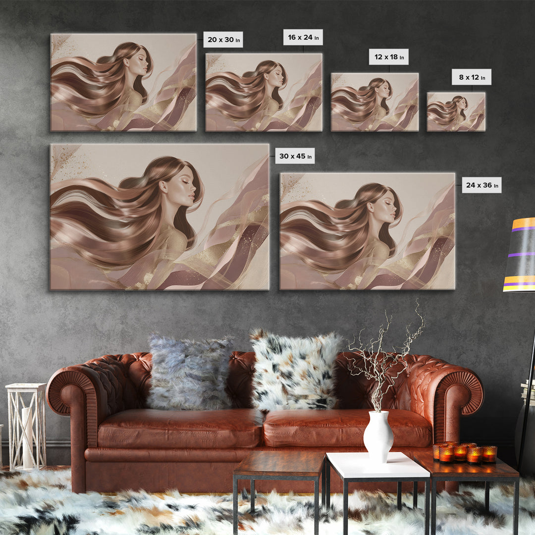 Fashion Portrait with Flowing Glossy Hair Framed Canvas Print, Hair Salon Art, Living Room Decor, Oil Painting, Style, HSA-3x2-77