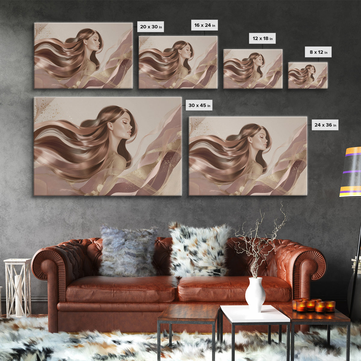 Fashion Portrait with Flowing Glossy Hair Framed Canvas Print, Hair Salon Art, Living Room Decor, Oil Painting, Style, HSA-3x2-77