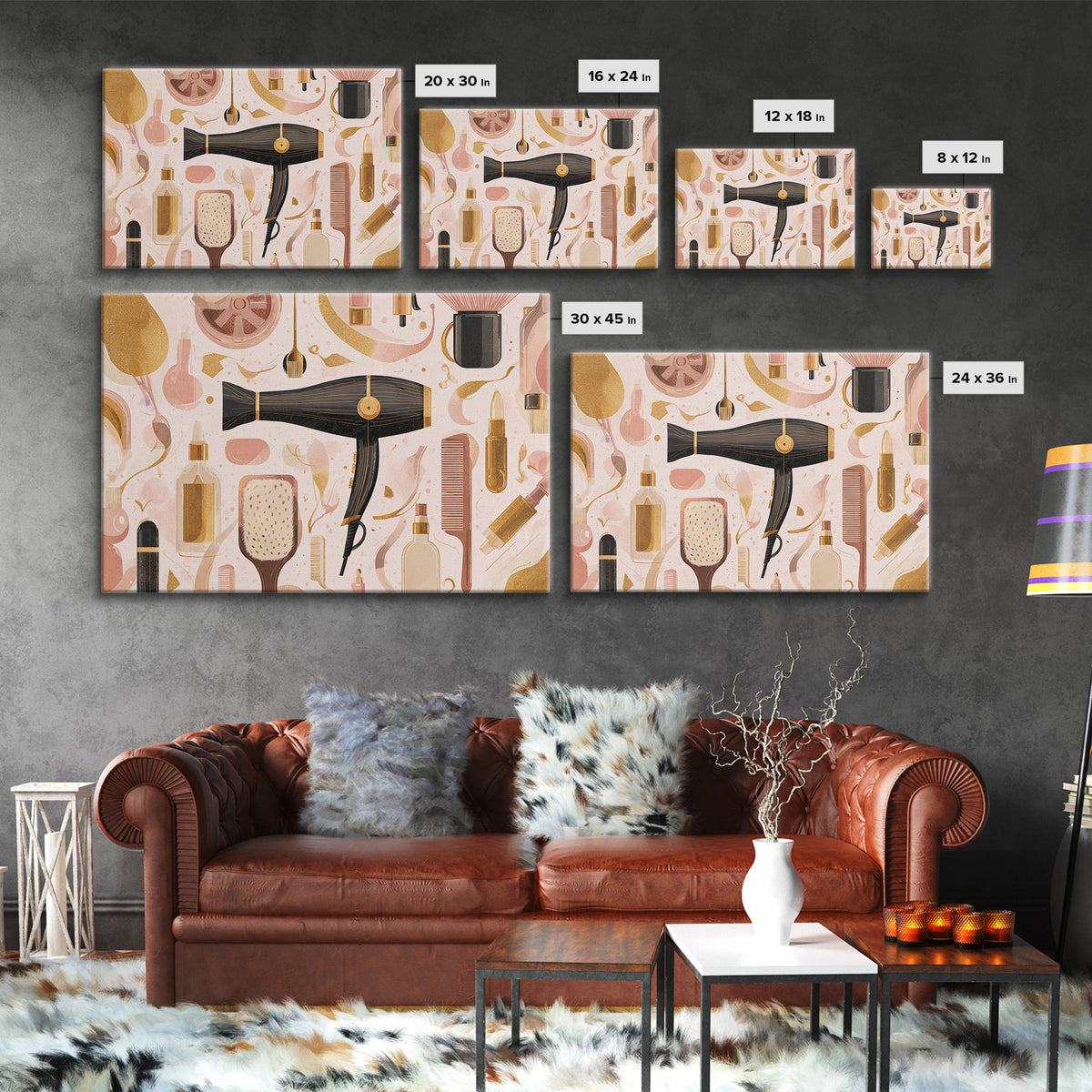 Hairdryer and Brush Framed Canvas Print, Hair Salon Art, Hairdresser Gift, Living Room Decor, Fine Art, Style, HSA-3x2-85