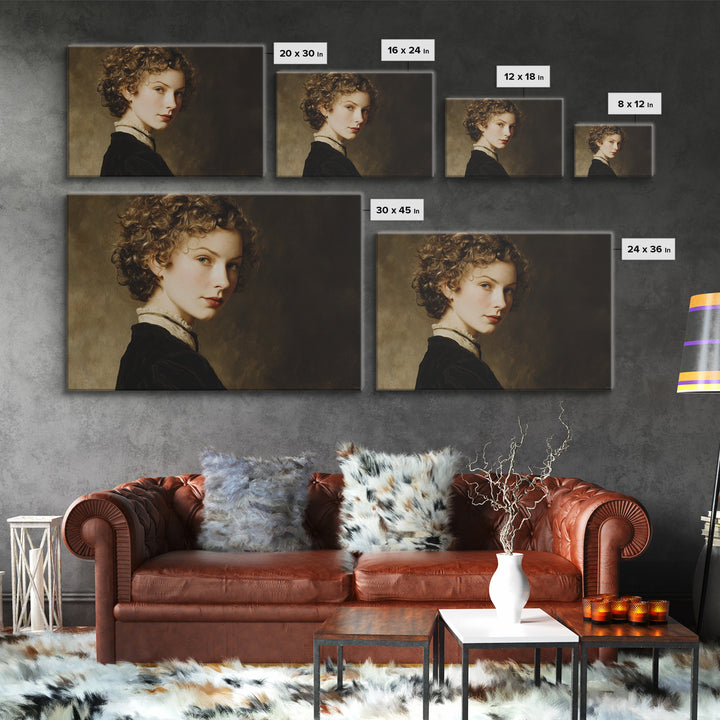 Curly Hair Portrait Framed Canvas Print, Hair Salon Art, Art, Living Room Decor, Oil Painting, Style, Black Art Prints, HSA-3x2-91