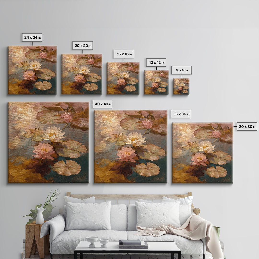 Water Lilies Floating on a Sunlit Pond Framed Canvas Print, Impressionist Art, Modern Decor, Living Room Decor, Impression, IMP-1x1-1