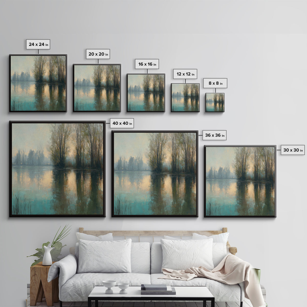 Misty Riverbank with Willow Trees Framed Canvas Print, Impressionist Art, Living Room Decor, Impression, Landscape Art, IMP-1x1-11