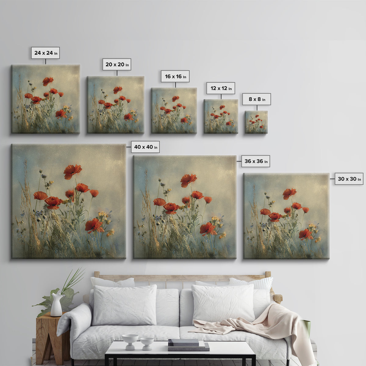 Poppies Blowing Through Green Grass Framed Canvas Print, Impressionist Art, Painting, Living Room Decor, Fine Art, Impression, IMP-1x1-12