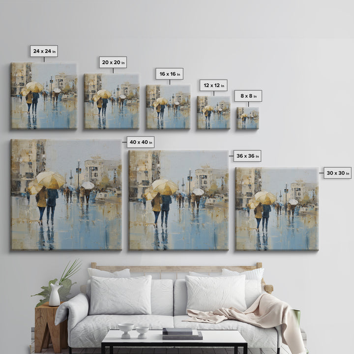 Rainy Boulevard with Umbrella Shapes Framed Canvas Print, Impressionist Art, Neutral Decor, Living Room Decor, Impression, IMP-1x1-21