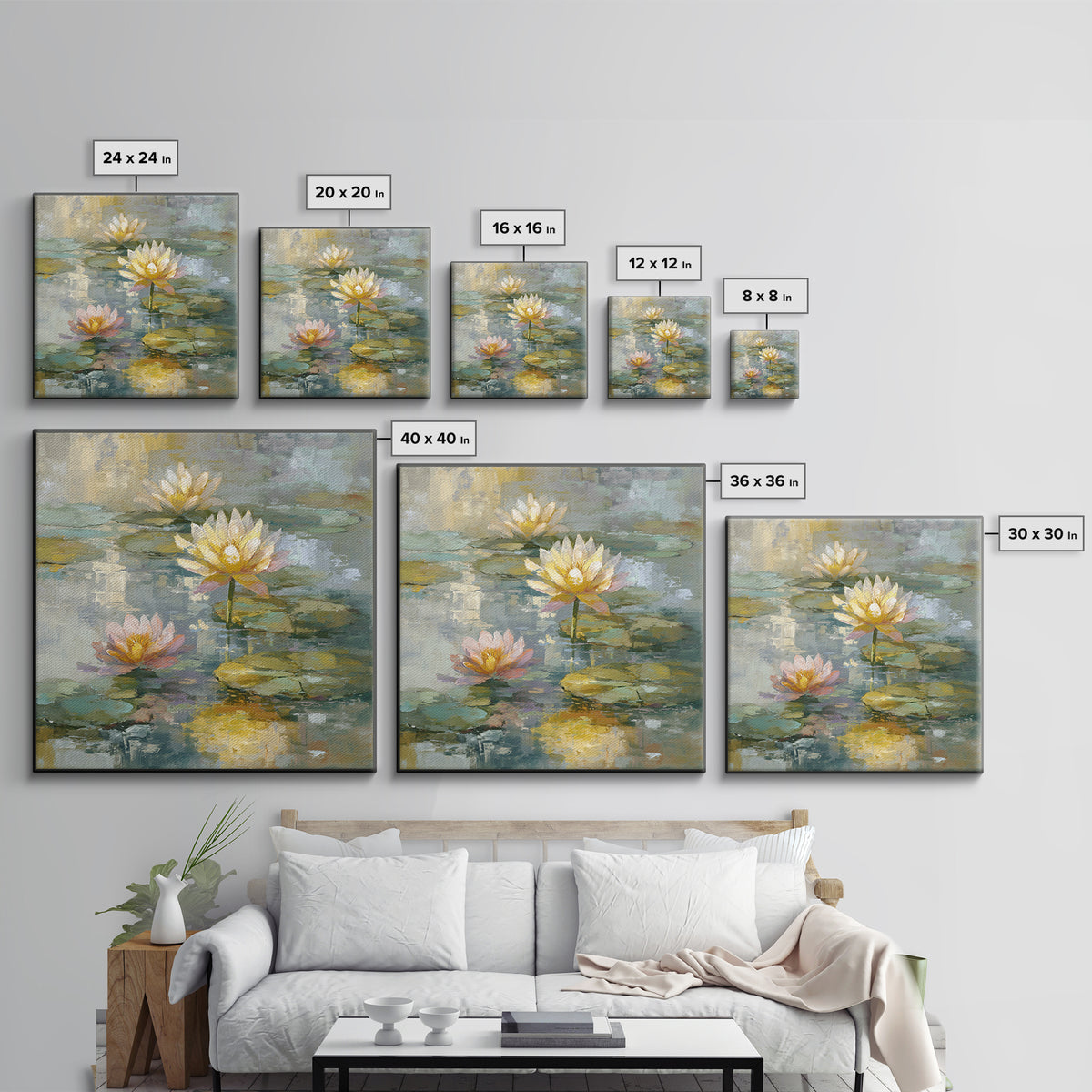 Water Lilies Floating on a Sunlit Pond Canvas Print, Impressionist Art, Room Decor, Living Room Decor, Fine Art, Impression, IMP-1x1-25