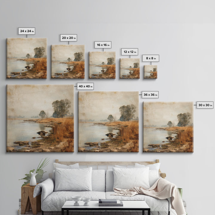 Misty Riverbank with Willow Trees Canvas Print, Impressionist Art, Coastal Wall Art, Living Room Decor, Fine Art, Impression, IMP-1x1-35