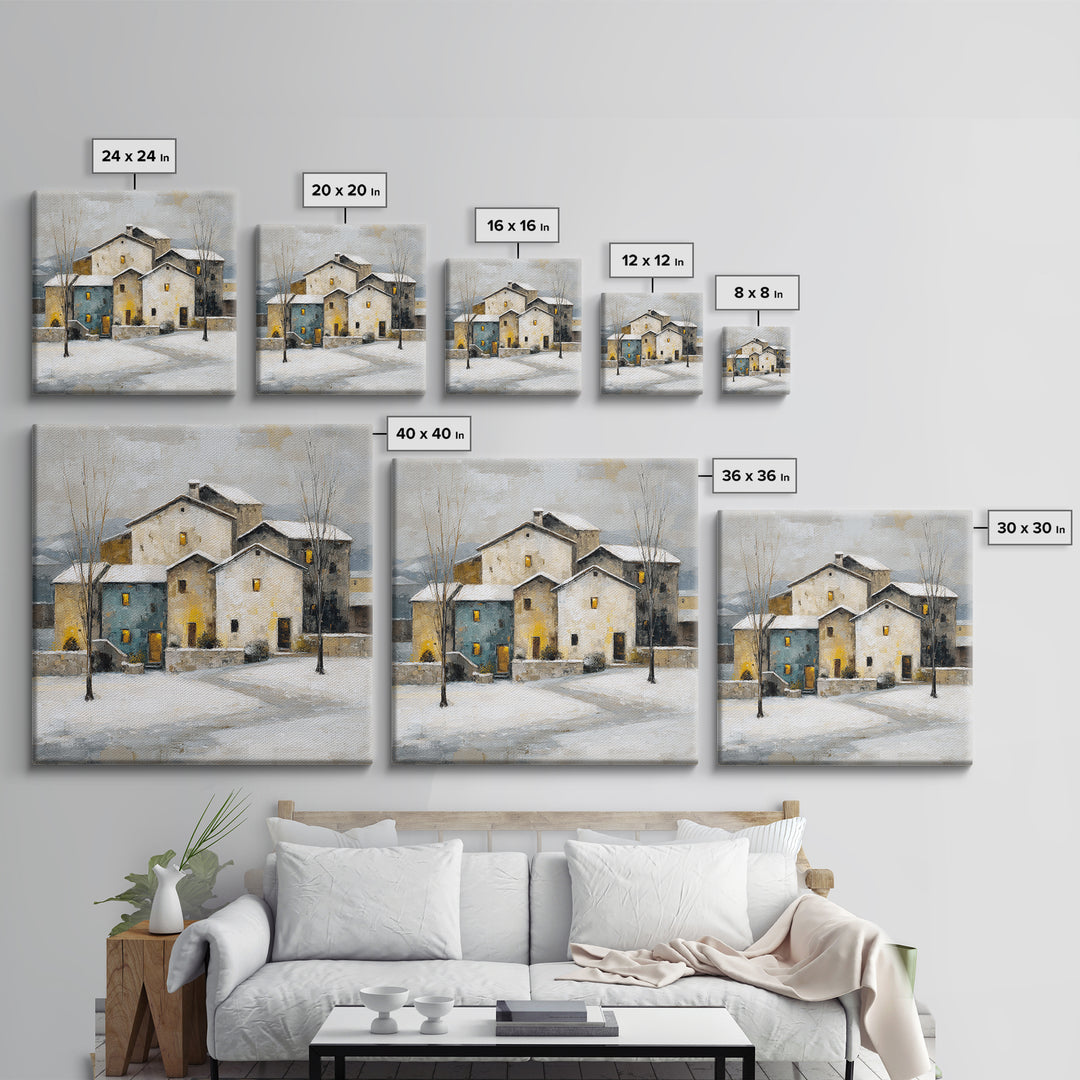 Snowy Village with Warm Glowing Windows Framed Canvas Print, Impressionist Art, Boho Decor, Living Room Decor, Oil Painting, IMP-1x1-37