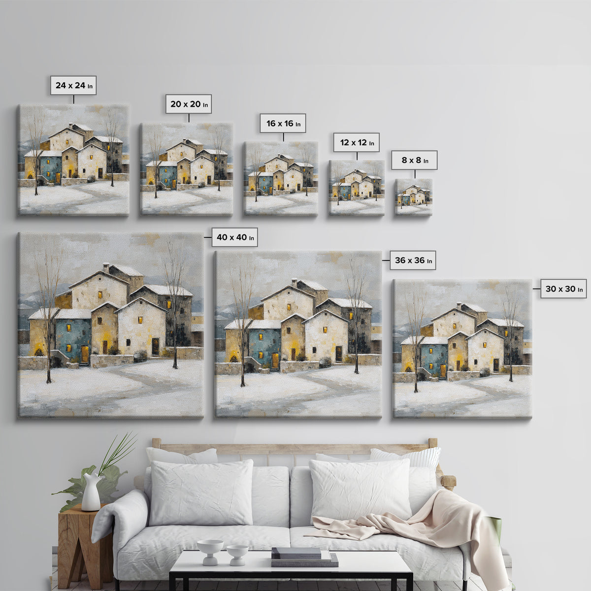 Snowy Village with Warm Glowing Windows Framed Canvas Print, Impressionist Art, Boho Decor, Living Room Decor, Oil Painting, IMP-1x1-37