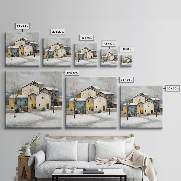 Snowy Village with Warm Glowing Windows Framed Canvas Print, Impressionist Art, Boho Decor, Living Room Decor, Oil Painting, IMP-1x1-37