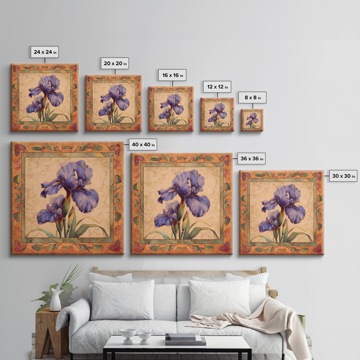 Iris Garden with Blue Violet Strokes Framed Canvas Print, Impressionist Art, Textured Wall Art, Living Room Decor, Impression, IMP-1x1-44