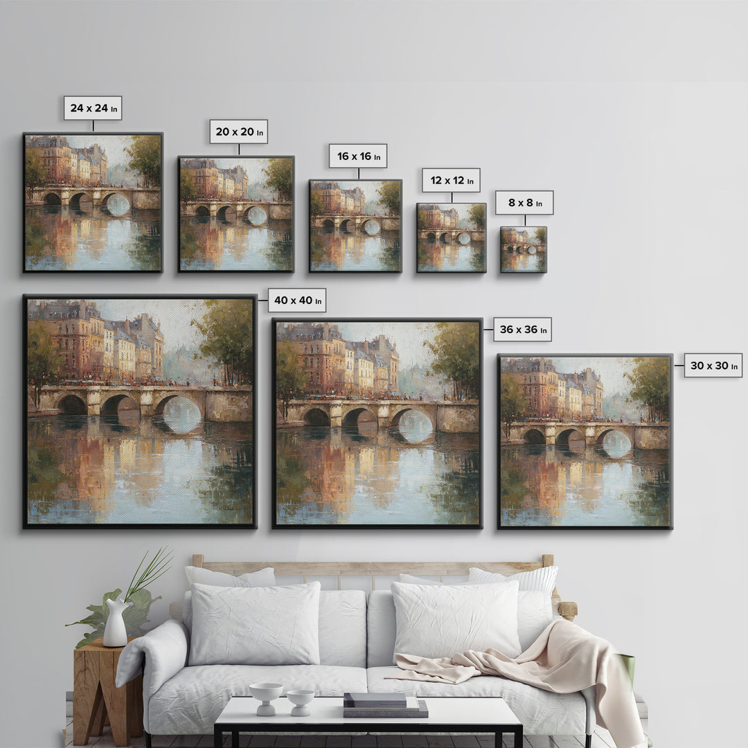 Paris Bridge Reflected Framed Canvas Print, Impressionist Art, Farmhouse Decor, Living Room Decor, Fine Art, Impression, IMP-1x1-7