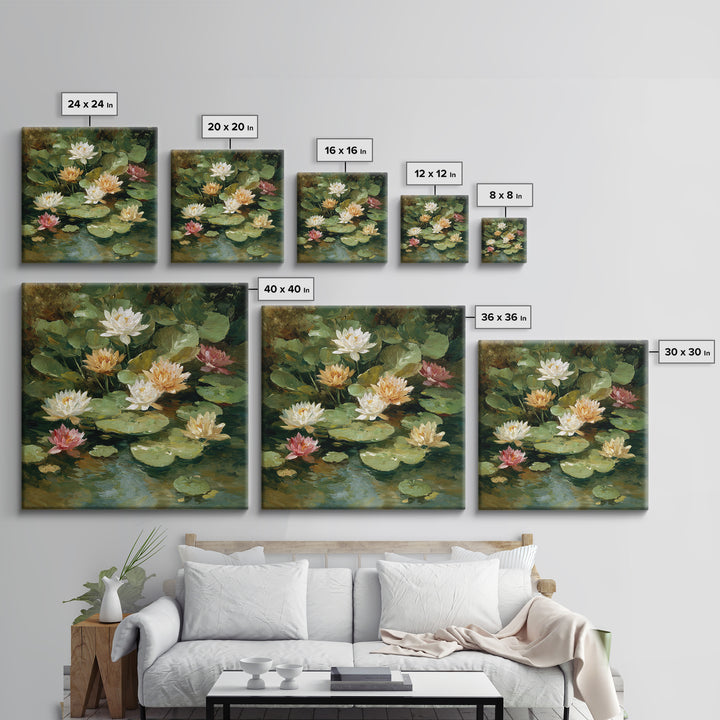 Water Lilies Floating on a Sunlit Pond Framed Canvas Print, Impressionist Art, Living Room Decor, Watercolor Art, Impression, IMP-1x1-73