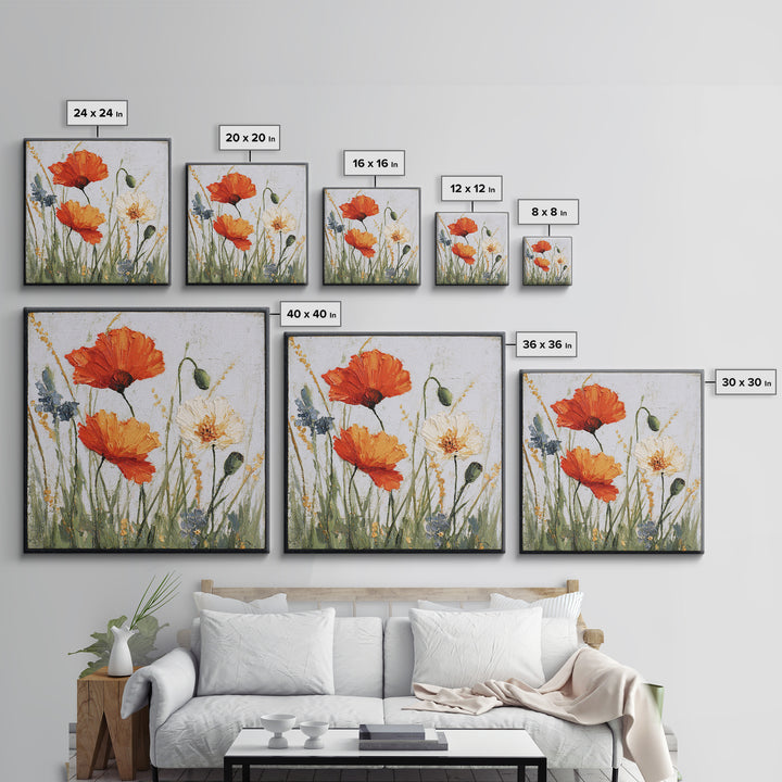 Poppies Blowing Through Green Grass Framed Canvas Print, Impressionist Art, Landscape Art, Living Room Decor, Abstract Art, IMP-1x1-84