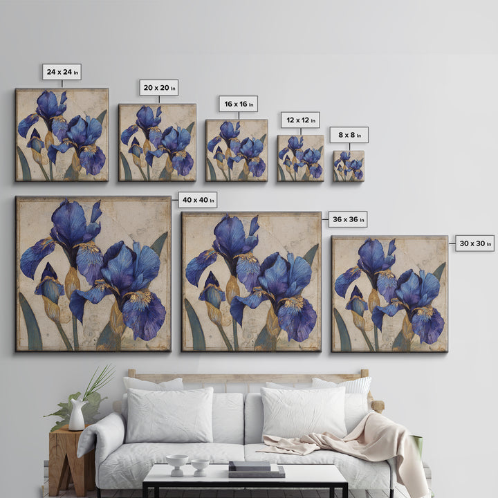 Iris Garden with Blue Violet Strokes Canvas Print, Impressionist Art, Flower Print, Living Room Decor, Watercolor Art, IMP-1x1-92