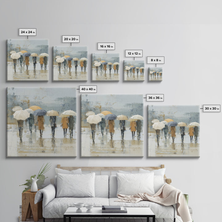 Rainy Boulevard with Umbrella Shapes Framed Canvas Print, Impressionist Art, Wall Art, Living Room Decor, Abstract Art, IMP-1x1-93
