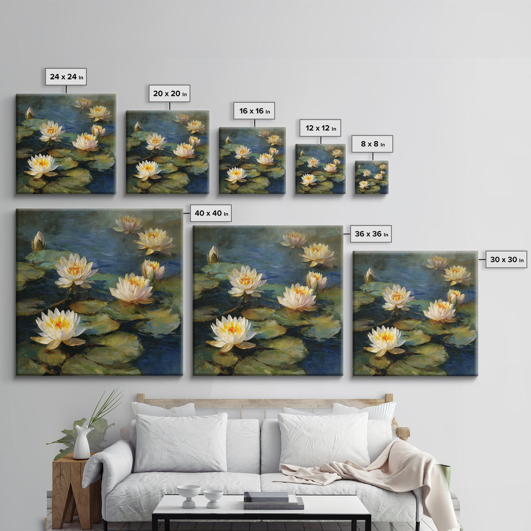 Water Lilies Floating on a Sunlit Pond Canvas Print, Impressionist Art, Oil Painting, Living Room Decor, Impression, IMP-1x1-97