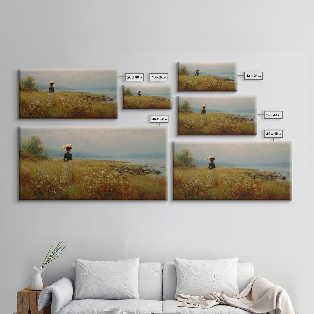Woman with Parasol in Breezy Meadow Framed Canvas Print, Impressionist Art, Original Art, Living Room Decor, Impression, IMP-2x1-23