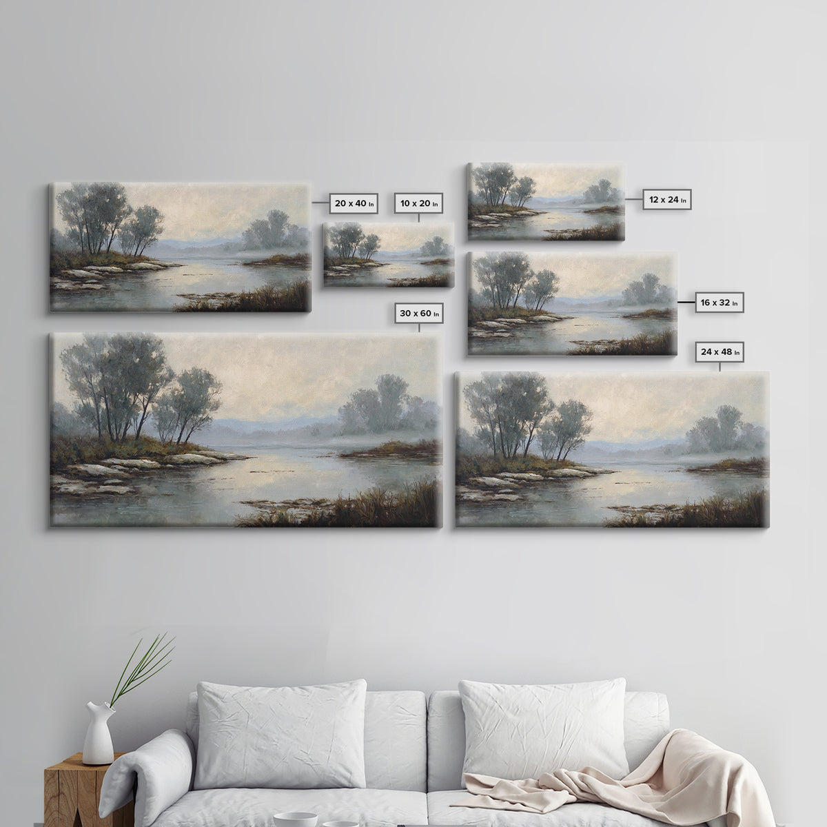 Misty Riverbank with Willow Trees Canvas Print, Impressionist Art, Textured Wall Art, Living Room Decor, Fine Art, Impression, IMP-2x1-31