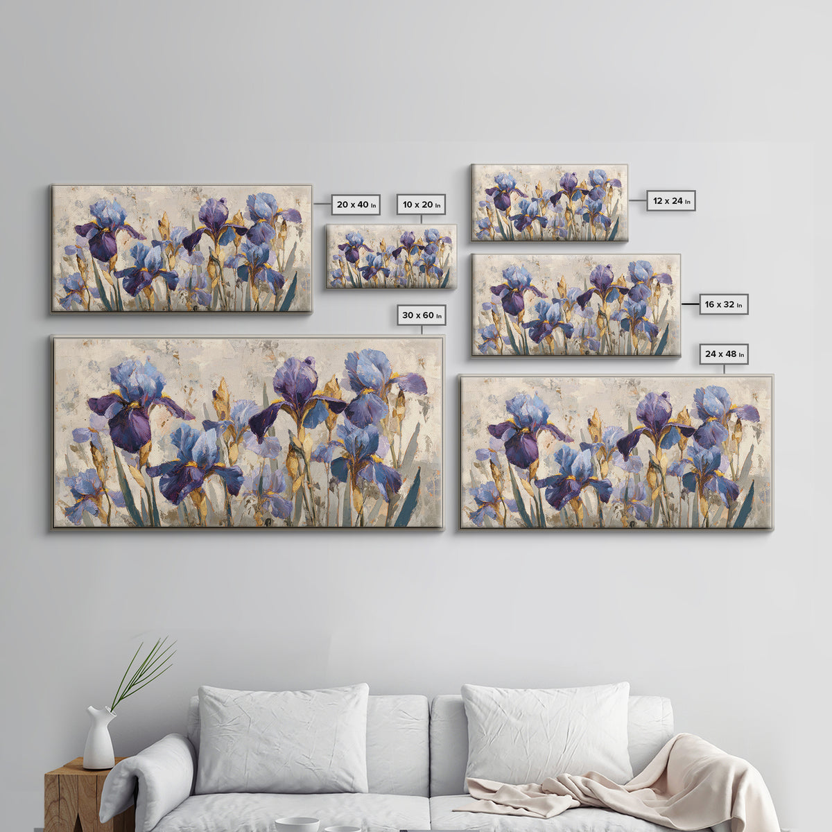 Iris Garden with Blue Violet Strokes Framed Canvas Print, Impressionist Art, Wall Decor, Living Room Decor, Impression, IMP-2x1-40