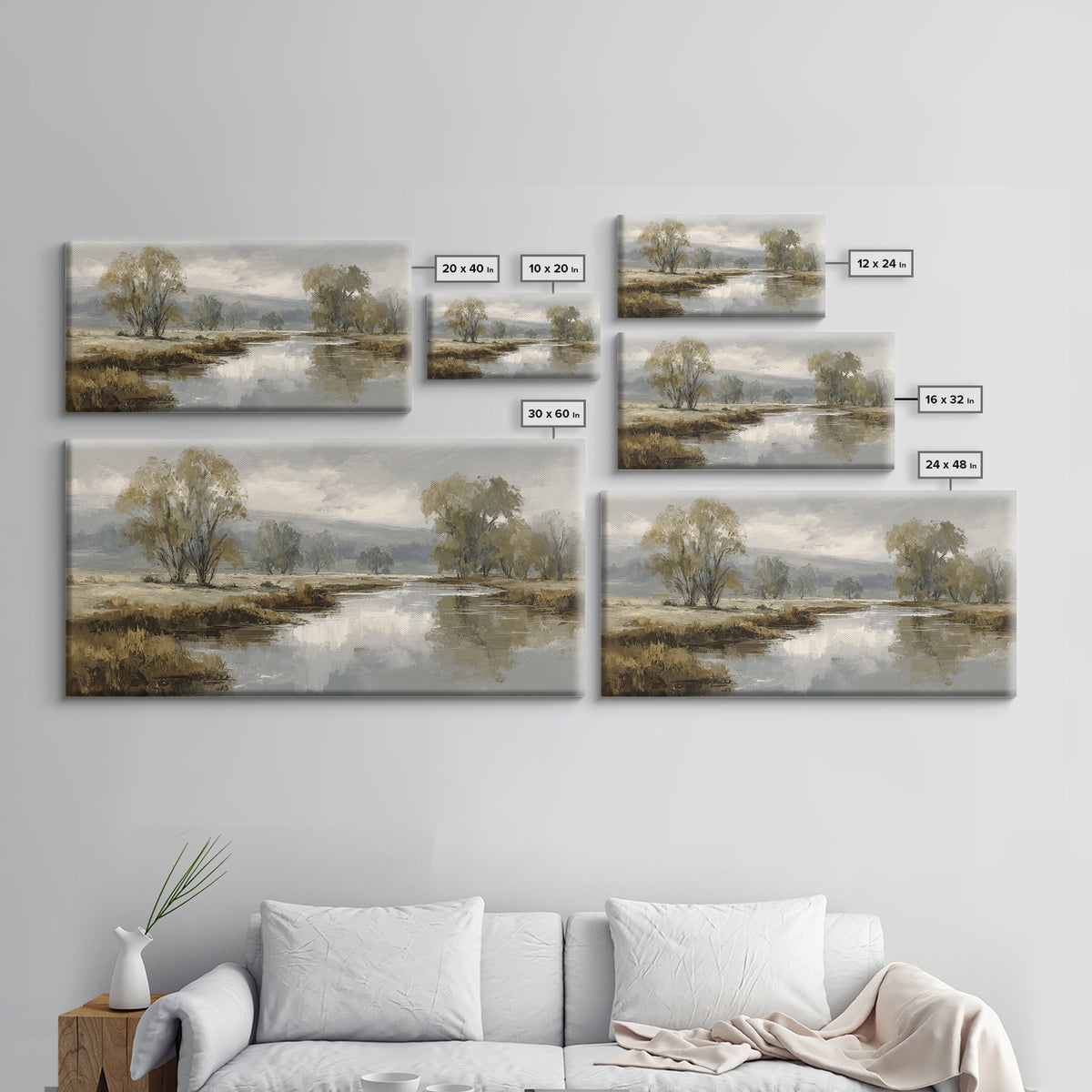 Misty Riverbank with Willow Trees Framed Canvas Print, Impressionist Art, Modern Wall Art, Living Room Decor, Impression, IMP-2x1-55