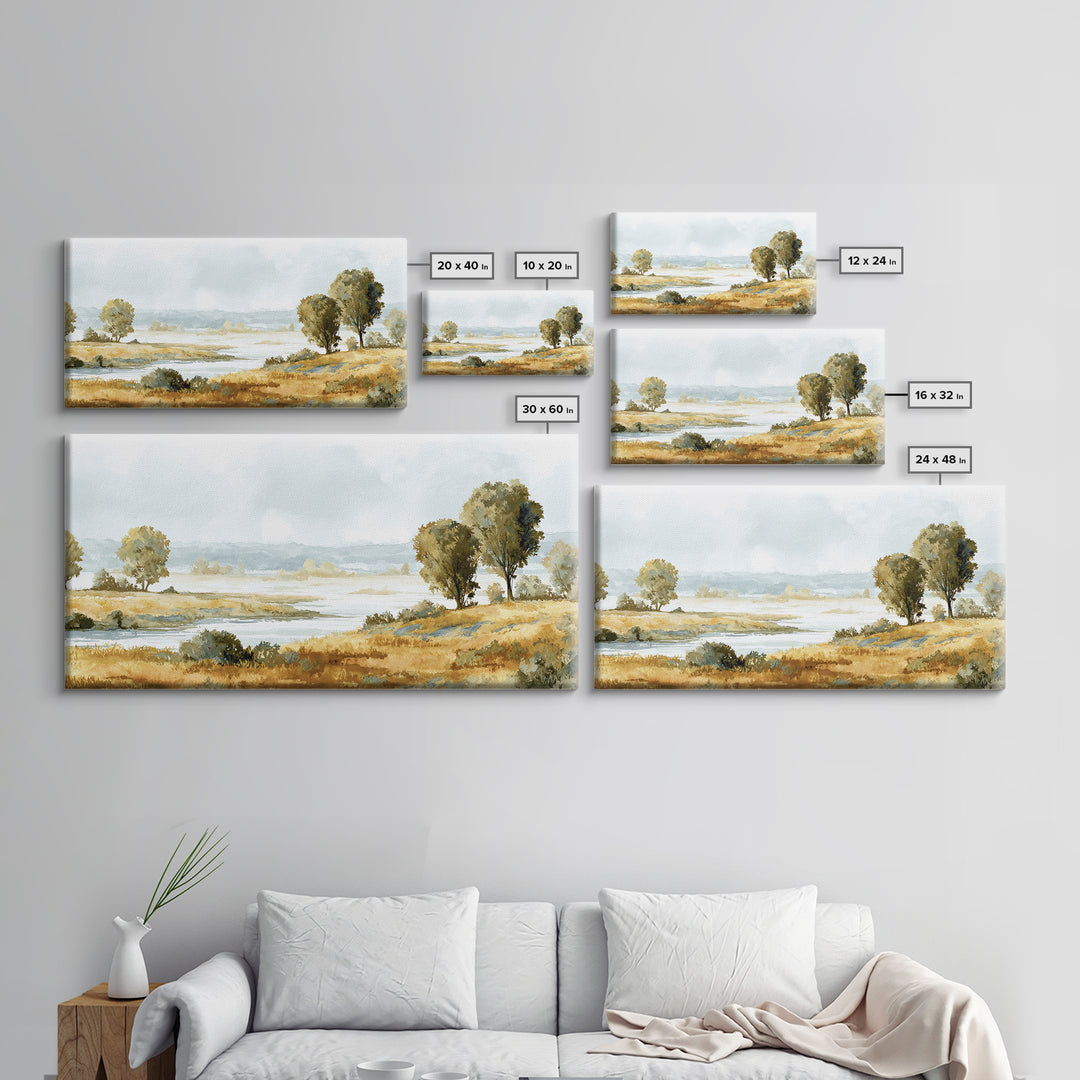 Misty Riverbank with Willow Trees Framed Canvas Print, Impressionist Art, Printable Wall Art, Living Room Decor, Impression, IMP-2x1-7