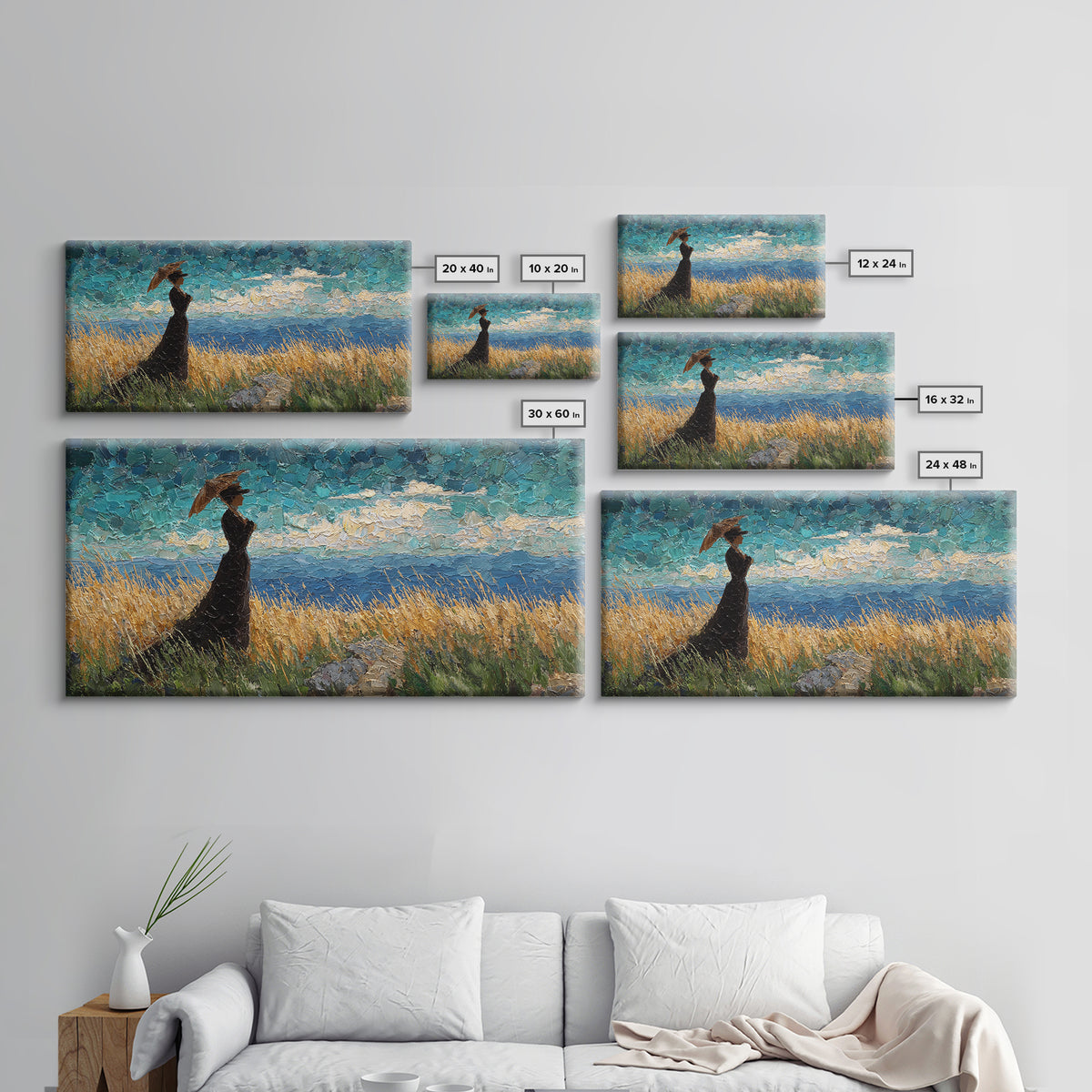 Woman with Parasol in Breezy Meadow Canvas Print, Impressionist Art, Landscape Art, Living Room Decor, Fine Art, Impression, IMP-2x1-71