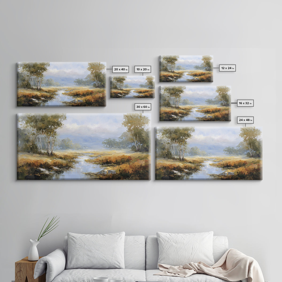 Misty Riverbank with Willow Trees Framed Canvas Print, Impressionist Art, Flower Print, Living Room Decor, Fine Art, Impression, IMP-2x1-79