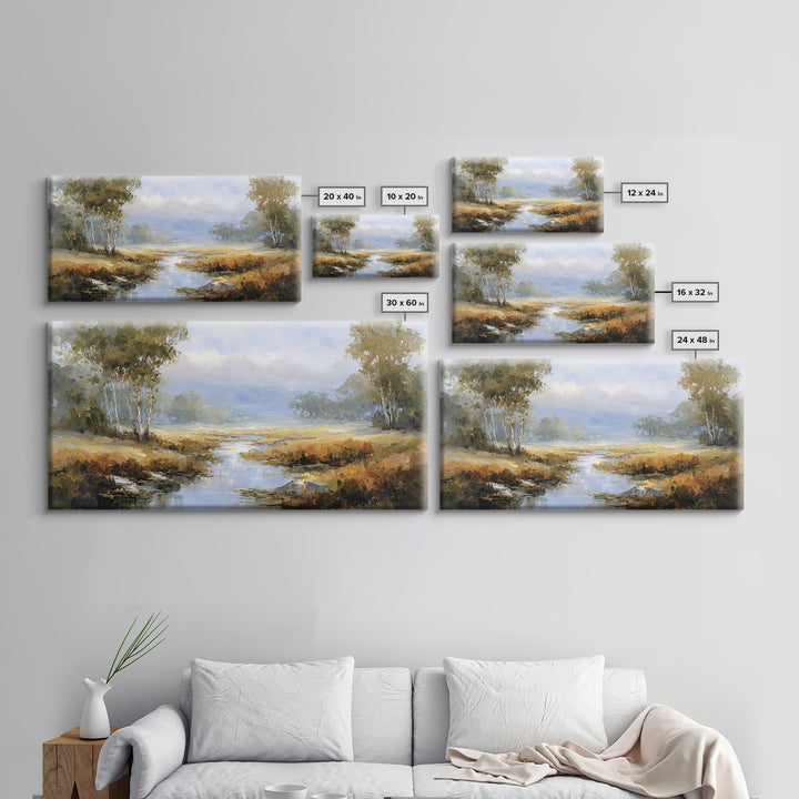 Misty Riverbank with Willow Trees Framed Canvas Print, Impressionist Art, Flower Print, Living Room Decor, Fine Art, Impression, IMP-2x1-79