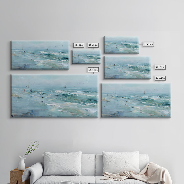 Coastal Beach Figures Framed Canvas Print, Impressionist Art, Gallery Wall Art, Living Room Decor, Oil Painting, Impression, IMP-2x1-87