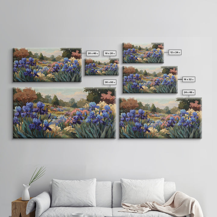 Iris Garden with Blue Violet Strokes Framed Canvas Print, Impressionist Art, Living Room Decor, Watercolor Art, Impression, IMP-2x1-88